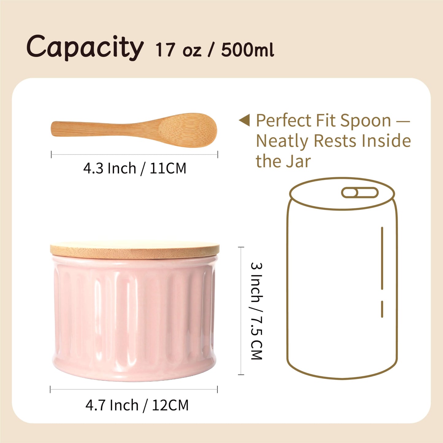 seicasaya Ceramic Condiment Pot with Bamboo Lid - 17oz Multi-purpose Seasoning Container for Salt, Sugar, Spices - Modern Striped Kitchen Countertop Storage Jar (Pink)