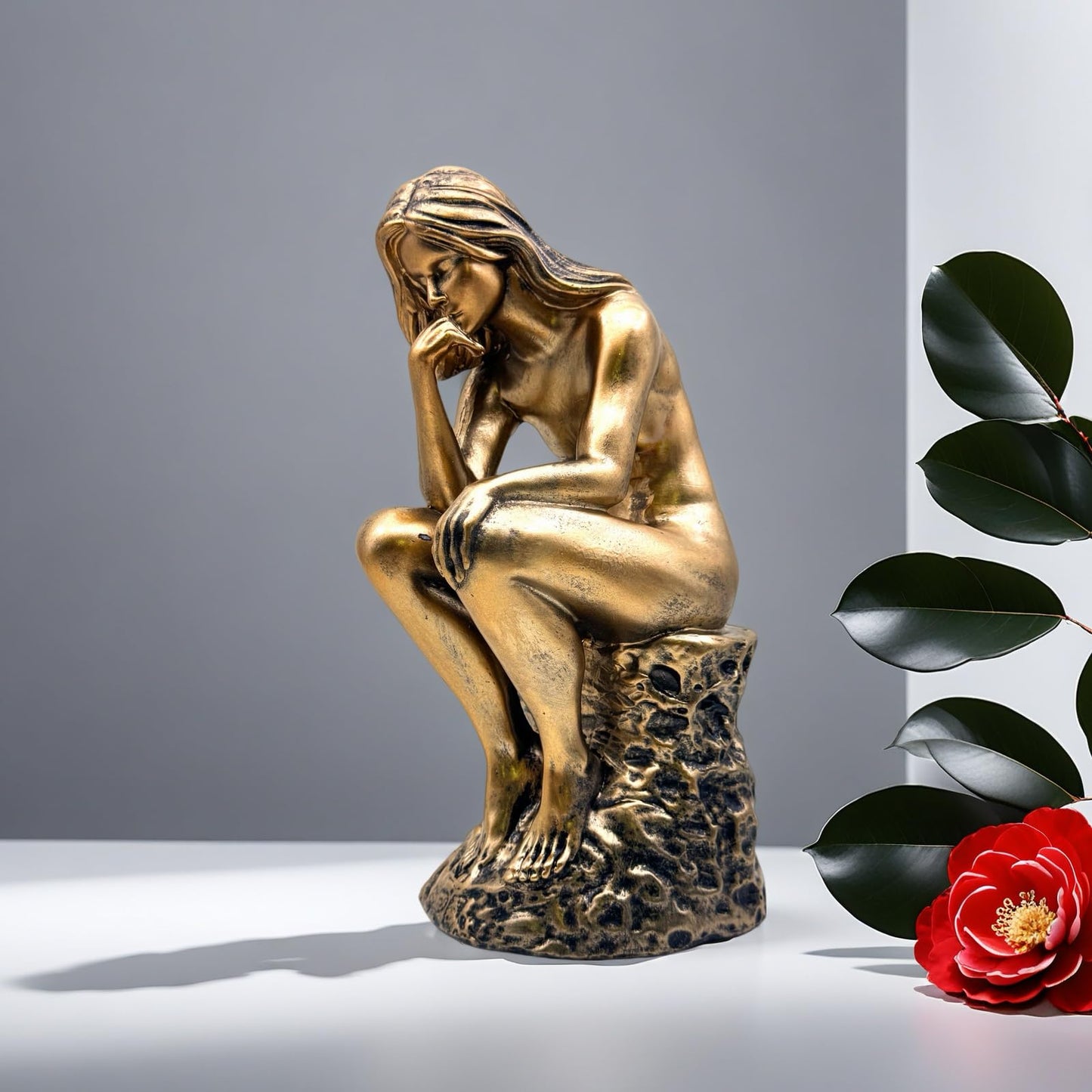 FUNSXBUG Resin The Thinker Woman Statue Figurines Thinking Girl Sculptures Collectible Figurine Home Office Decor Living Room Decoration Bronze