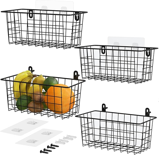 MaraFansie Hanging Kitchen Baskets Wire Storage Basket Adhesive and Screws