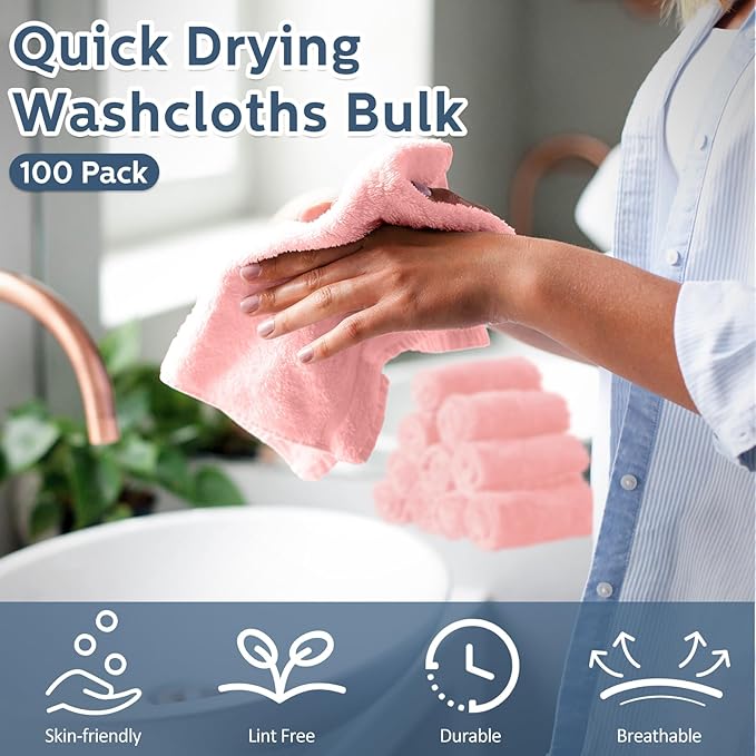 Newwiee 100 Count Washcloths Quick Drying Bathroom Wash Clothes 12 x 12 Inch