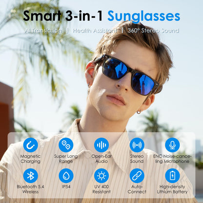 GetD AI Glasses for Men & Women, Smart Glasses Powered by ChatGPT, AI Real-time Translation with 145 Languages, 11H Music Play, Bluetooth Glasses with Photochromic Lens for Daily Use, Travel