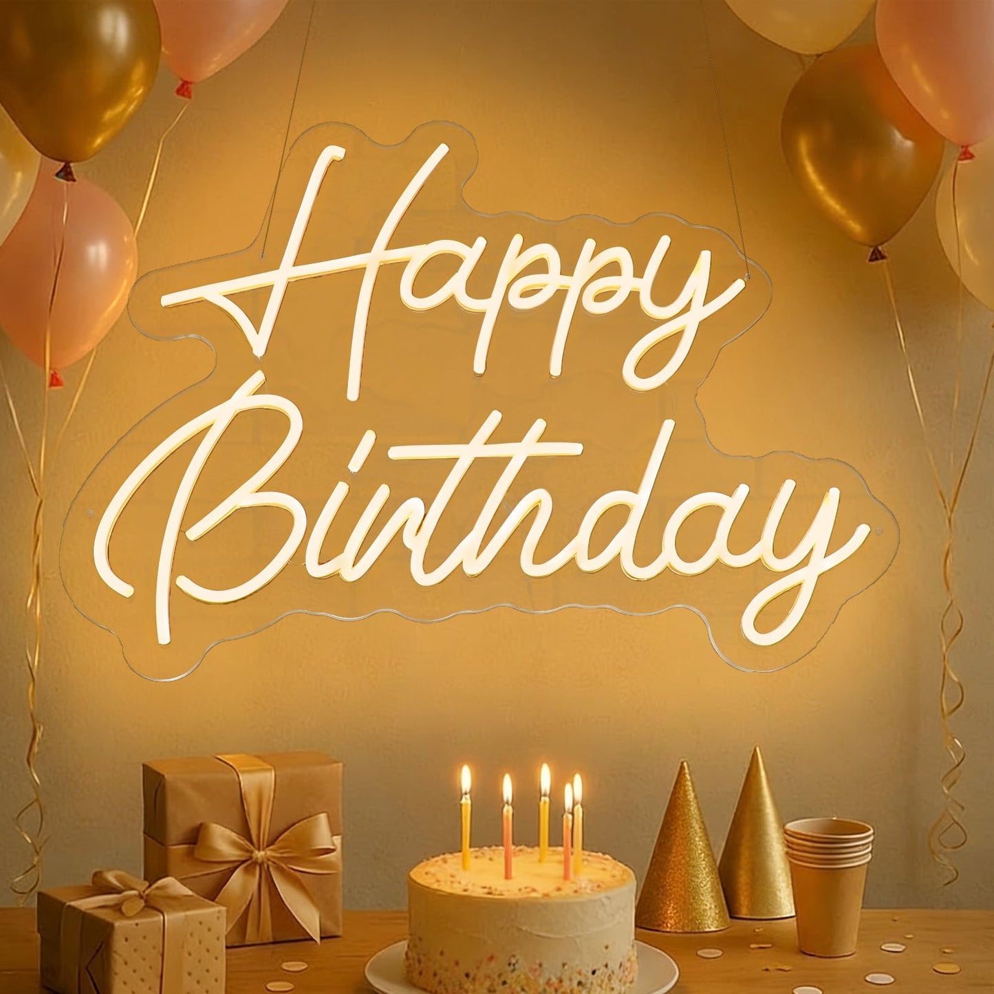 Happy Birthday Neon Sign, 22×16.9 Inch Large Warm White Dimmable LED Light Up Sign, Neon Happy Birthday Banner Backdrop for Party Wall Decor