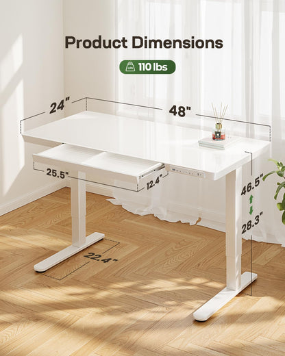 Marsail Glass Standing Desk with Drawer, 48 x 24 inch Electric Standing Desk, Height Adjustable Desk with One-Piece Tabletop & USB Charging Ports, Sit Stand Desk with Storage for Home & Office White