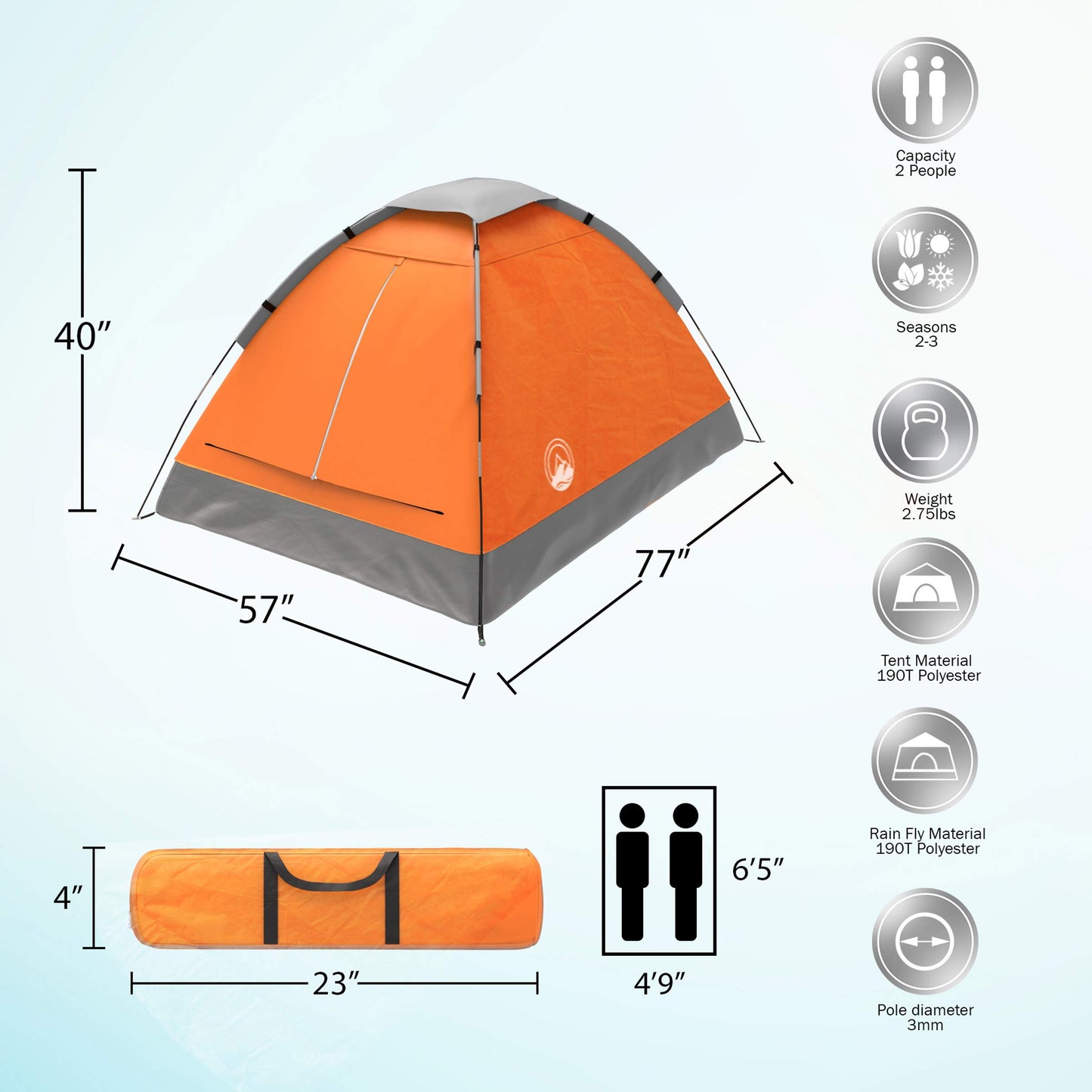 2 Person Camping Tent with Rain Fly and Carrying Bag - Lightweight Outdoor Tent for Backpacking, Hiking, or Beach Use by Wakeman Outdoors (Orange)