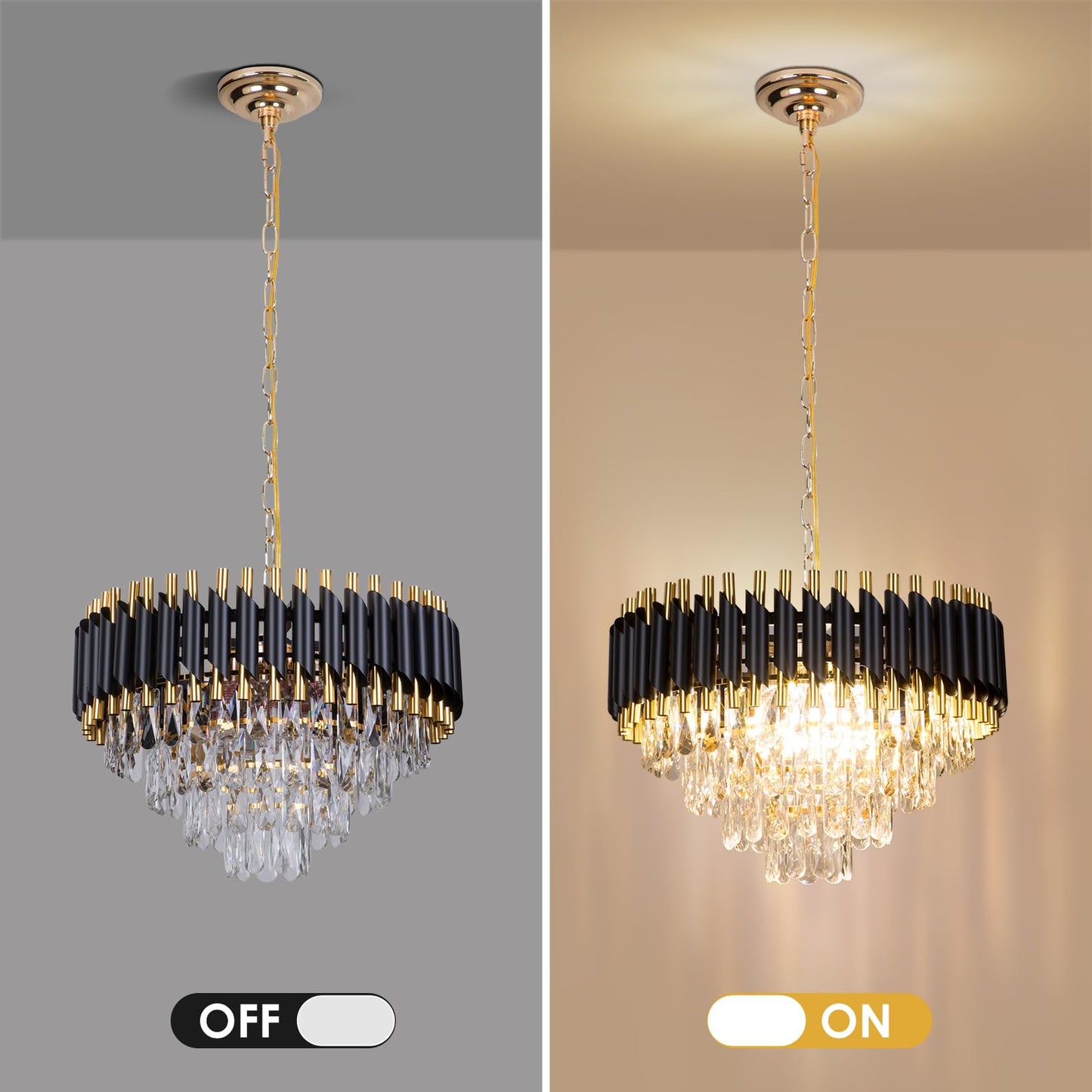 FRIXCHUR Modern Crystal Chandelier 20" Black Flush Mount Ceiling Light 4 Tiers Crystal Pendant Light LED Crystal Chandelier for Bedroom Dining Room