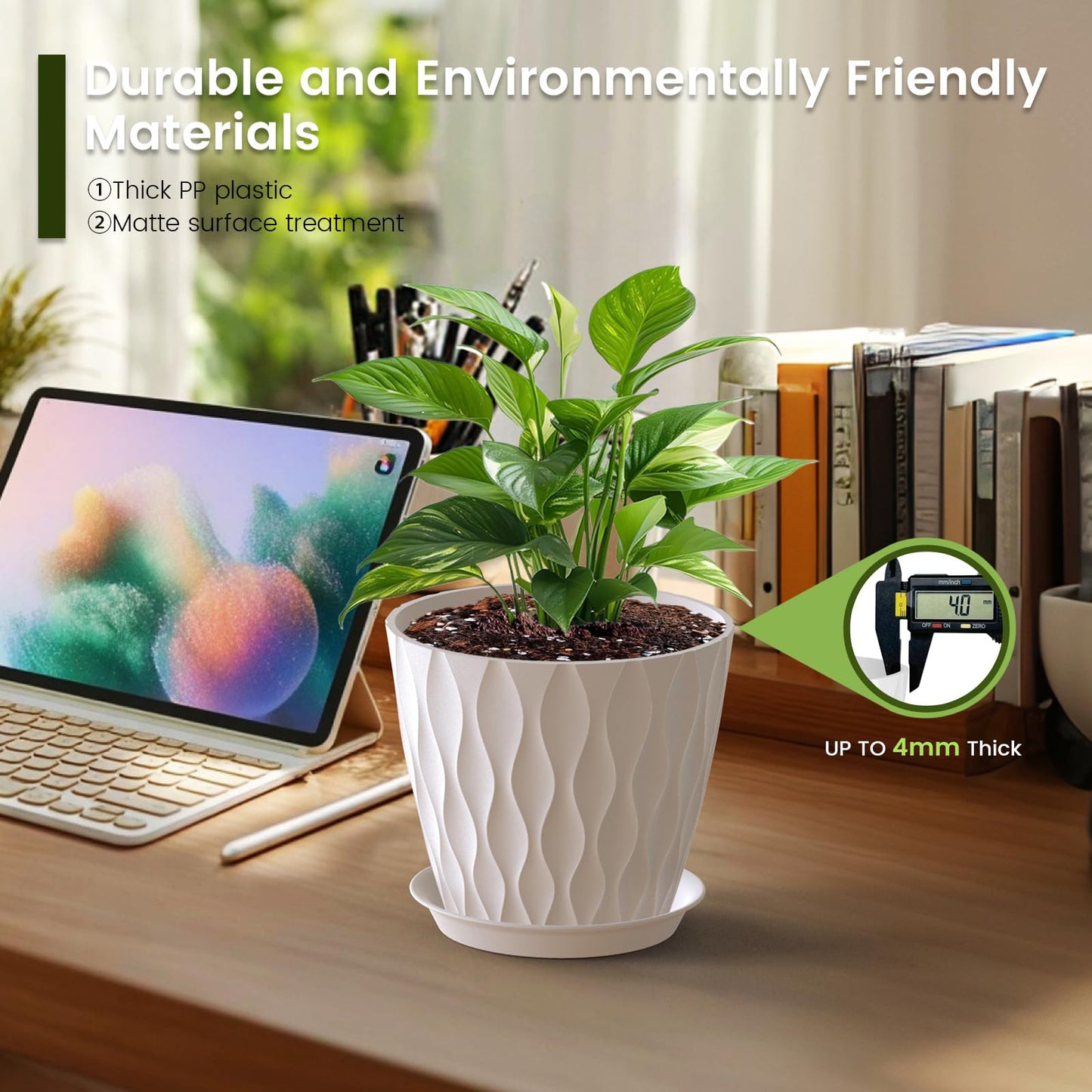 Meowell 7 inch Plant Pots for Indoor Outdoor Plants, 5 Pack Thick Nursery Pots with Drainage Holes and Saucers, 3D Modern Wave Texture Plastic Planter Pots for Flowers and House Plants, White