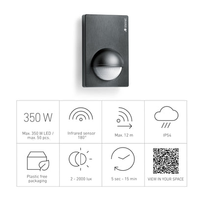 Steinel Motion Sensor IS 180-2 Black, PIR Motion Detector, 12 m Reach, max. 1000 W for 6 LED Lights, Twilight Switch