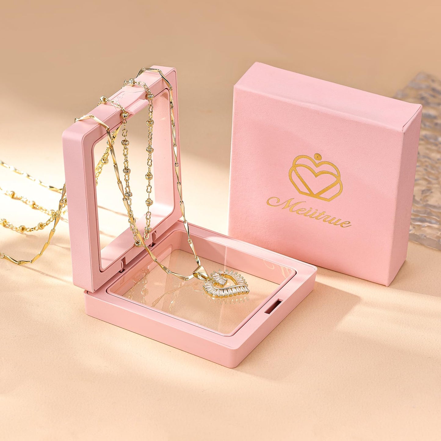 MEIITRUE Heart Necklaces for Women Trendy 14k Gold Plated Dainty Layered Necklace Set Cubic Zirconia Pendant Choker Beaded Chain Stackable Jewelry Gifts for Her