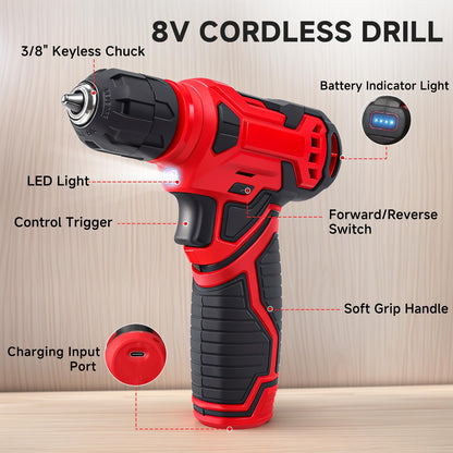 Tool Set - 8V Cordless Drill Set, 132 Piece Home Tool Set With Hand Drill, Tool Kit for Women & Men, Perfect for Homeowner, Diyer, Handyman