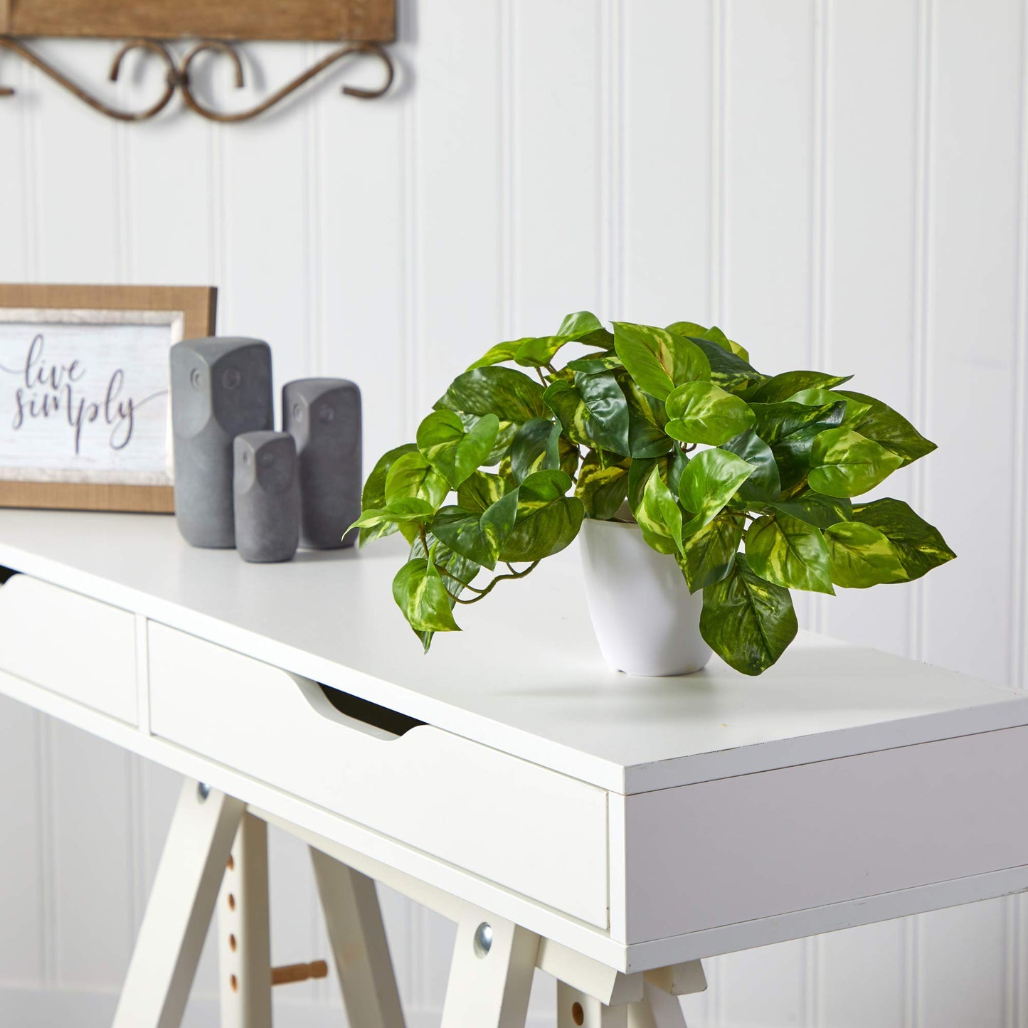 Nearly Natural 9in. Pothos Artificial Plant in White Planter (Real Touch)