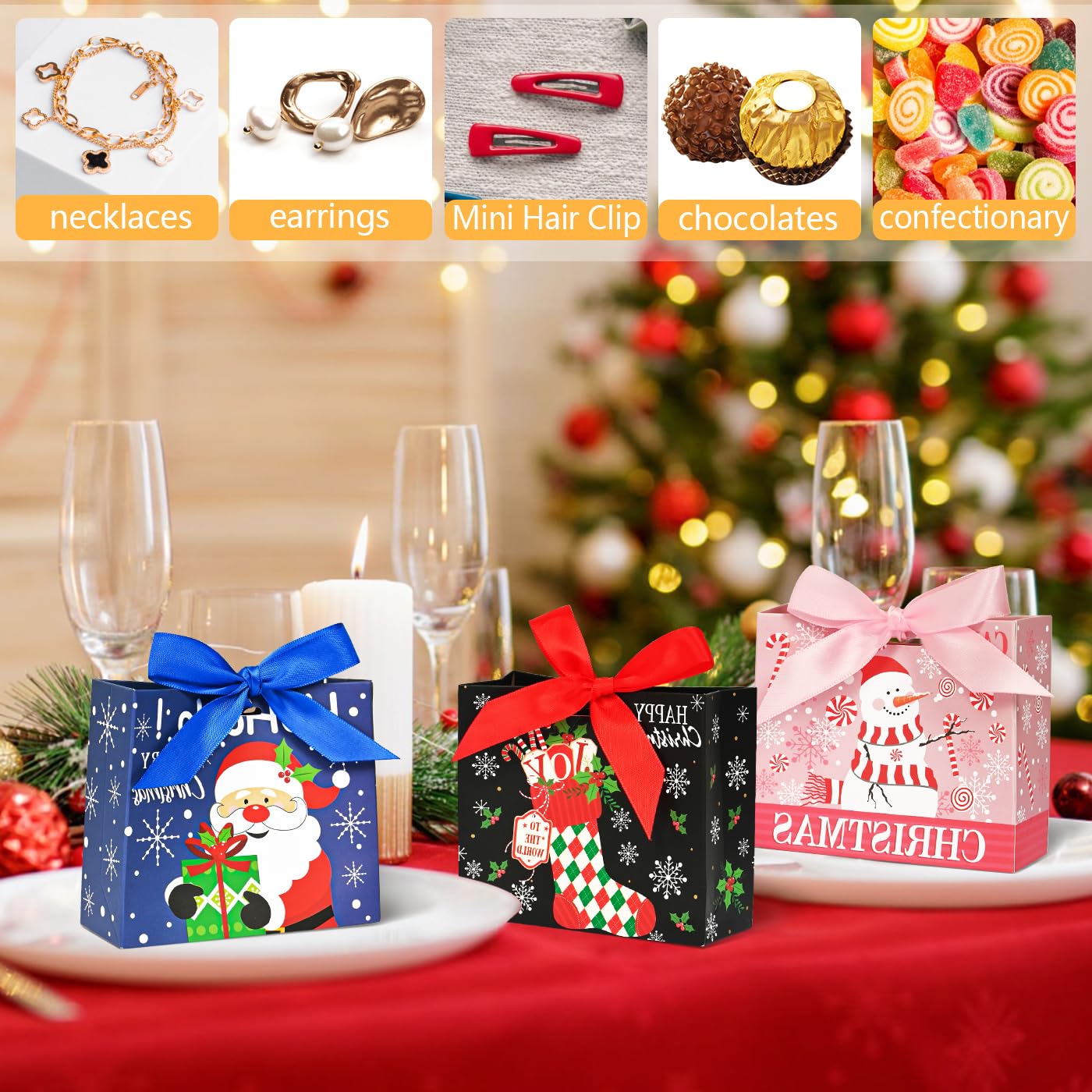 Nimbbex 24Pack Small Christmas Gift Bags Bulk, 4.5×4×1.8 Inches Mini Christmas Gift Bags with Ribbon, small holiday gift bags, Xmas Tree, Party Supplies