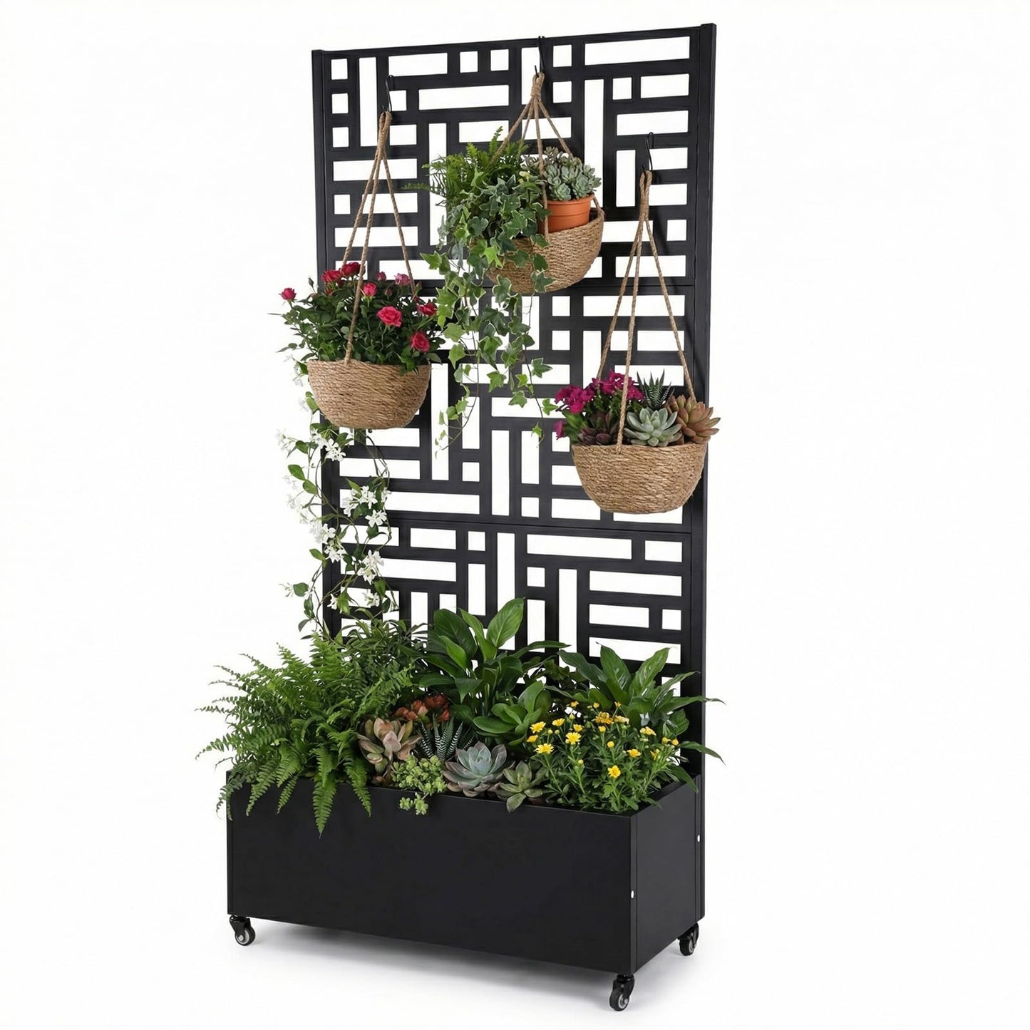AZURAOKEY Metal Planter Box with Trellis Standing Planter Box for Climbing Plants/Vines Raised Garden Bed On Wheels 70.87x35.43x15.75 Inch (02)