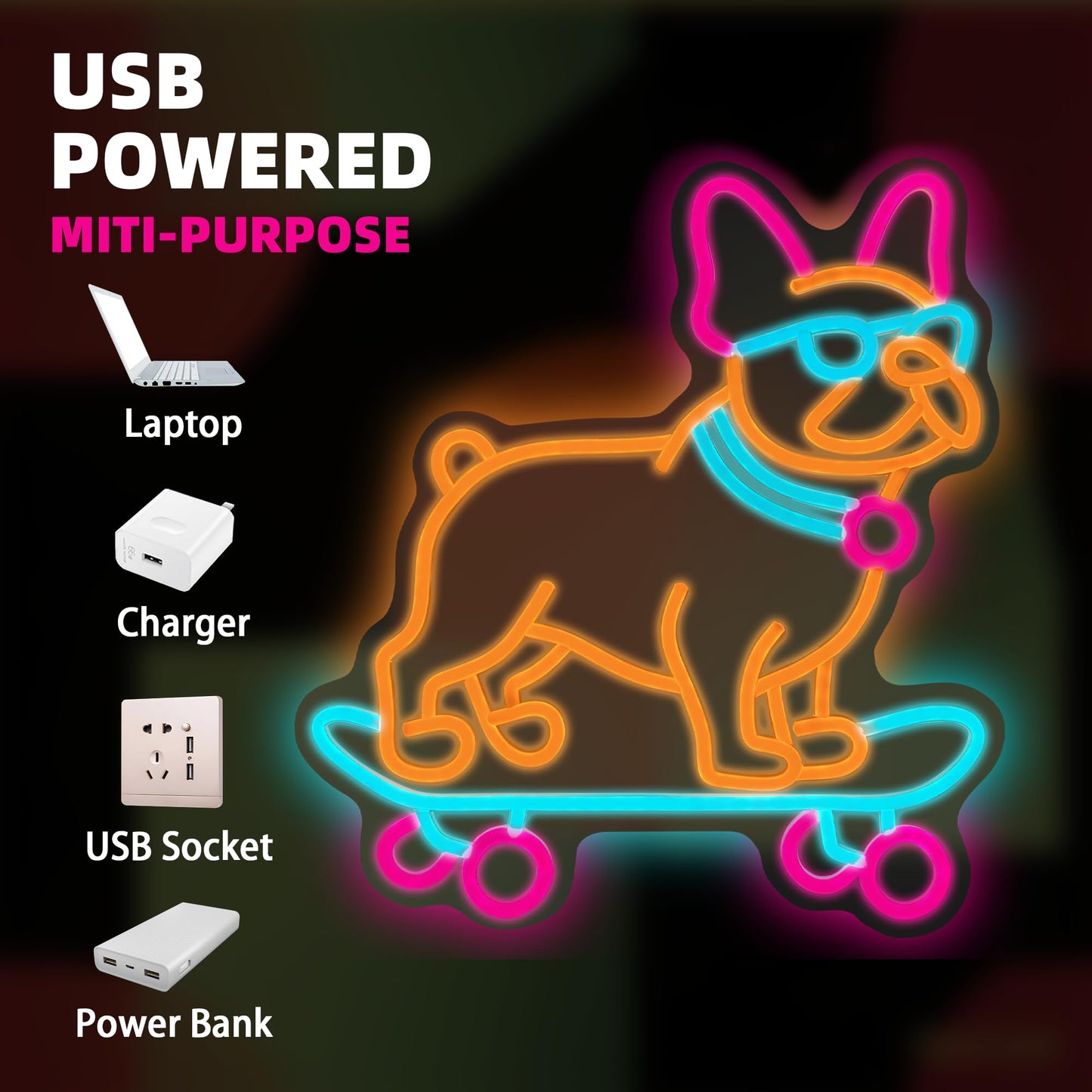 Bulldog Skateboarding Neon Sign, Cute French Bulldog Dimmable Led Neon Night Lights Up Animal Decor for Bedroom Living Room Man Cave Home Bar Wall Decoration, Birthday Party Gifts Christmas for Kids Girls Boys Adults (Dog)