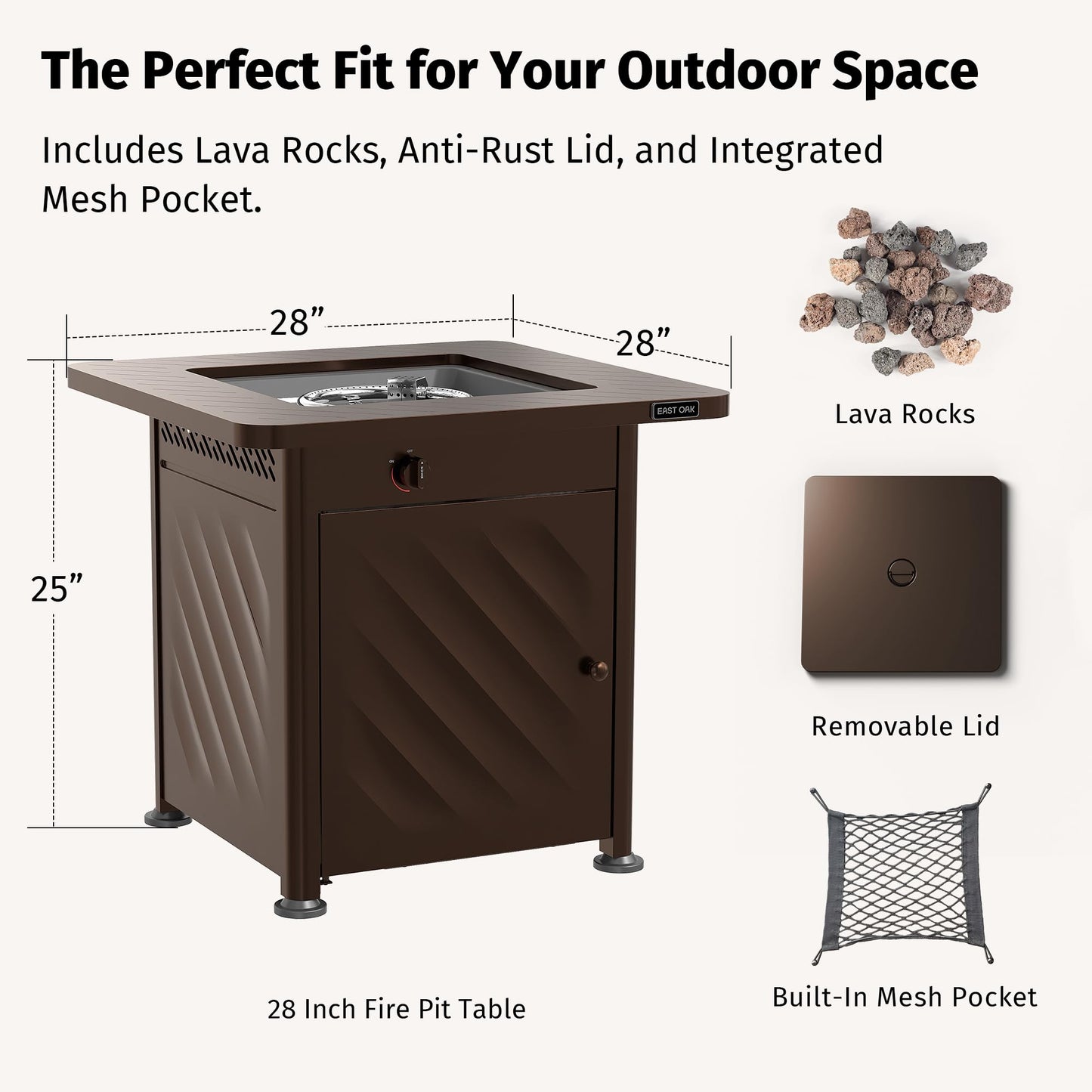 East Oak 28” Outdoor Propane Fire Pit Table | 52,000 BTU Gas Fire Pit for 2-4 People with Space-Saving Hock Lid, Mesh Pocket & Lava Rocks | CSA Certified Safe for Patio, Deck, Backyard, Brown