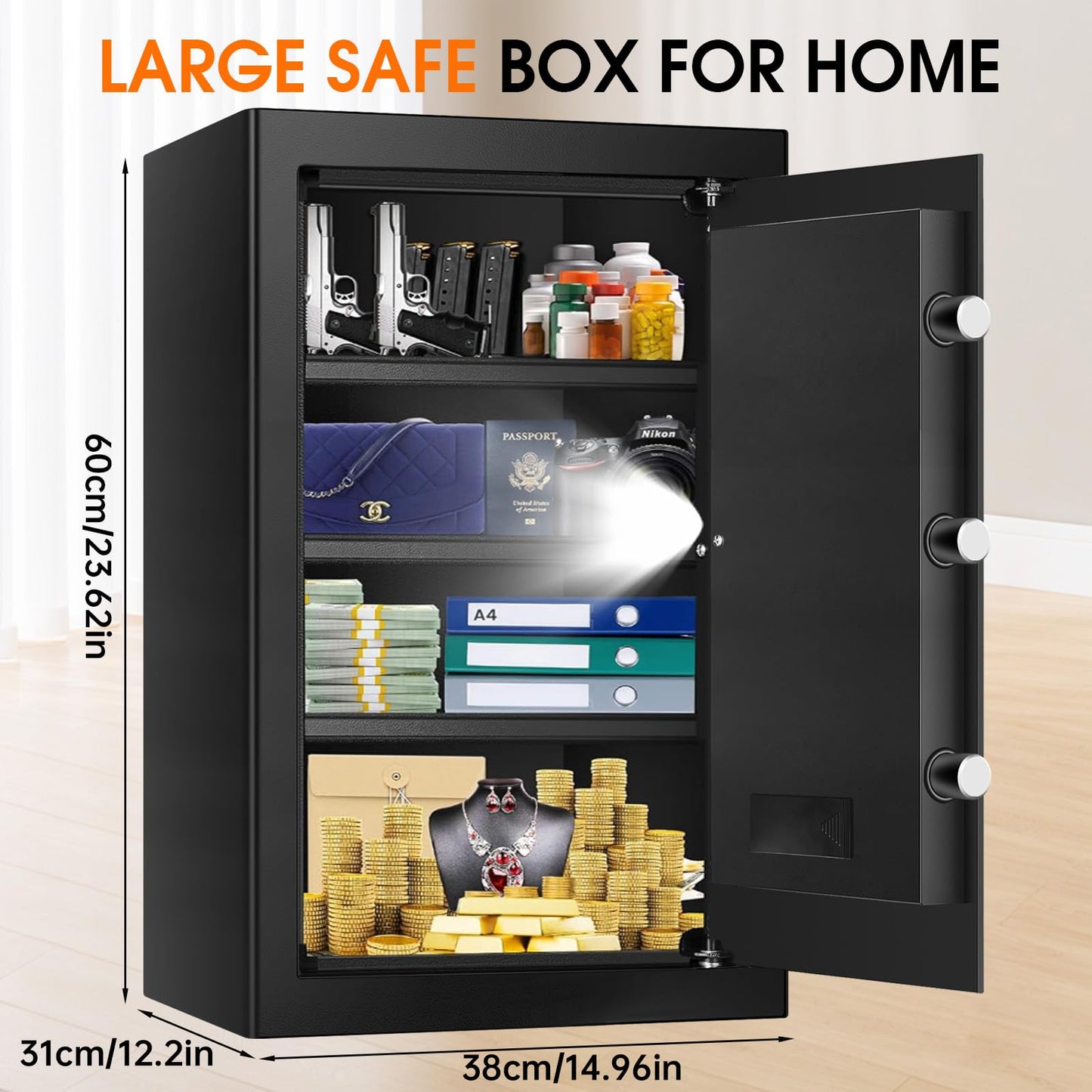 5.2 Cuft Large Fire Safes for Home, Security Safe Box Fireproof Waterproof with Digital Keypad, Key Lock and 3 Removable Shelves, Anti-Theft Fireproof Safe for Document Money Valuables