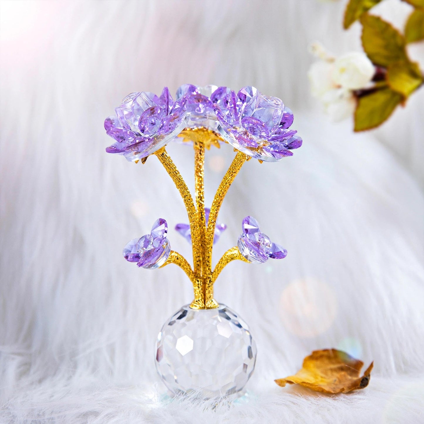 QFkris Purple Crystal Rose Flower Figurine Collectible Statue 6" Glass Flowers with Stems Ornament Home Decor for Valentines Day Thanksgiving,Christmas,Wedding,Mothers Day,Centerpiece,Gift for Women