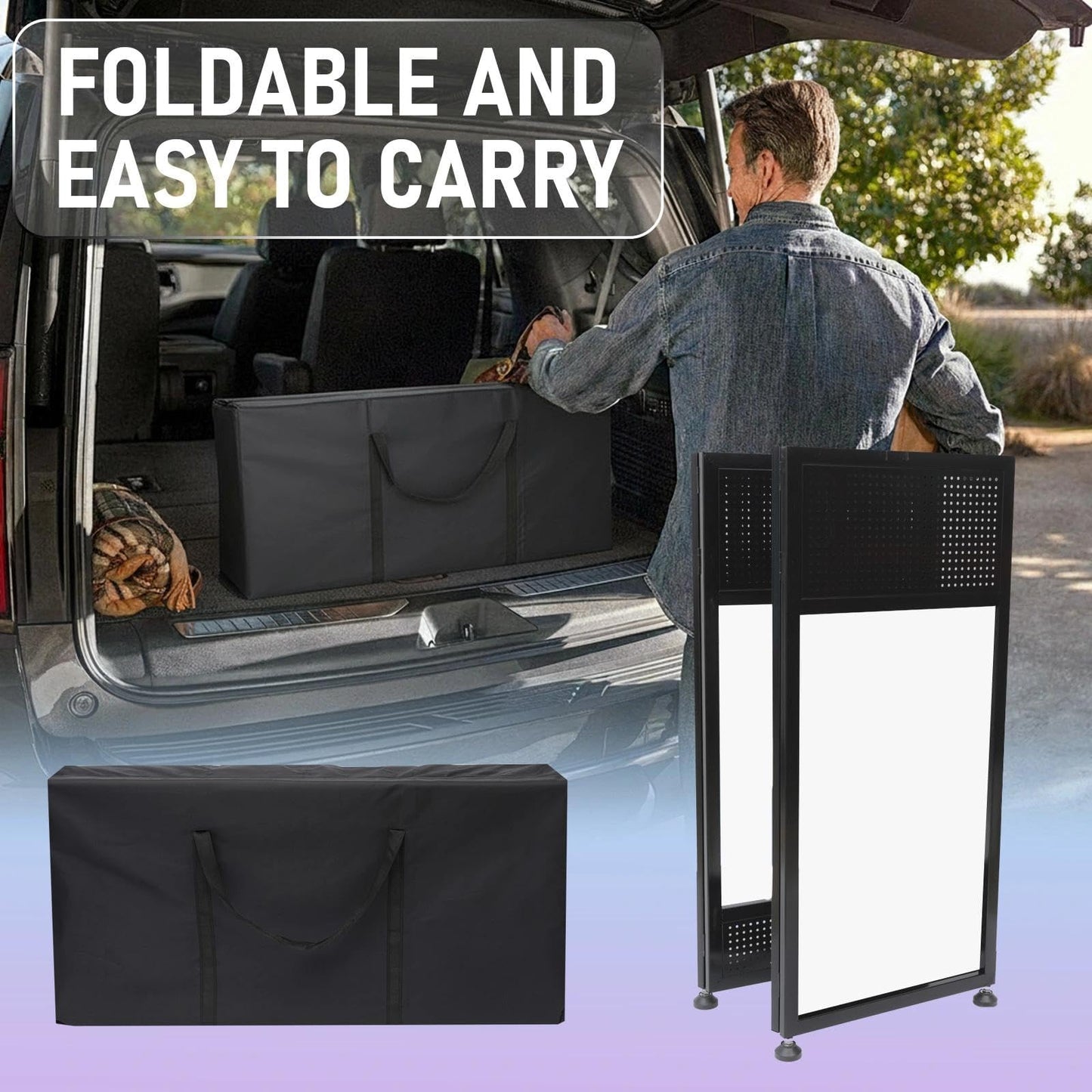 Portable DJ Booth Table, 41"L x 20"W DJ Table Stand Portable Booth Double Deck, Adjustable DJ Facade Station with White & Black Scrim, Foldable Metal Frame DJ Booth Panel for Parties, Wedding, Bars