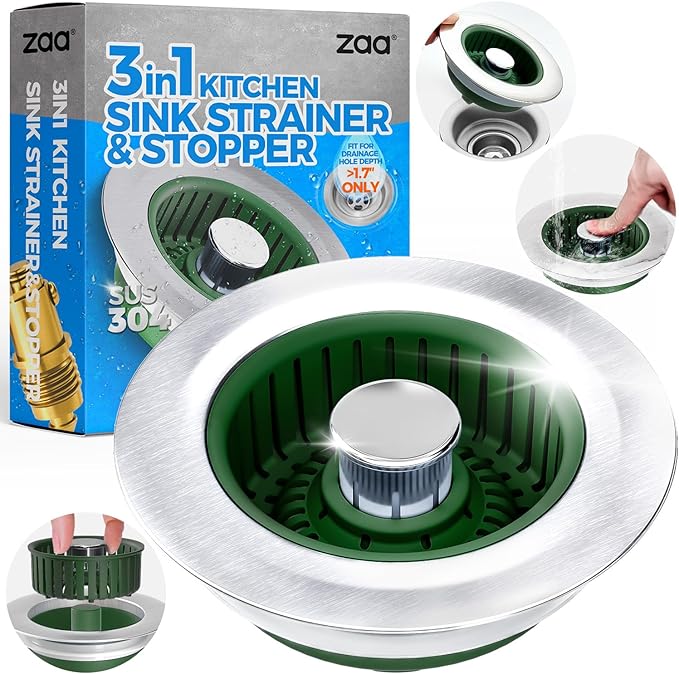 Upgraded 3in1 Kitchen Sink Drain Strainer & Sink Stopper, Stainless Steel