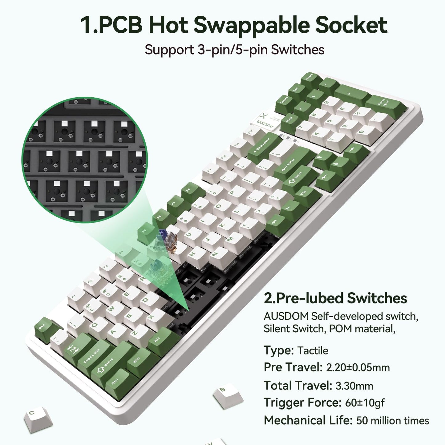 AUSDOM 98Pro Silent Mechanical Keyboard, Wireless Hot Swappable Gaming Keyboard with Backlit,Gasket Structure,Pre-lubed Tactile Switches,2.4GHz/Type-C/Bluetooth Custom Keyboards (Green & White-Silent)