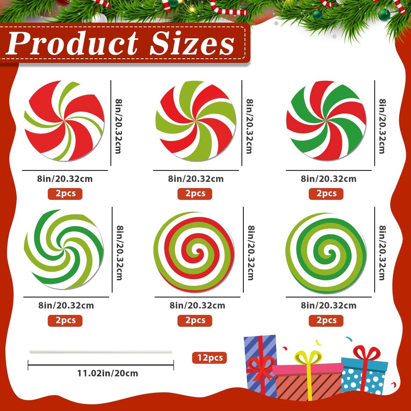 12Pcs Large Candy Christmas Tree Decorations Peppermint Lollipop Christmas Picks for Tree, 7.87" Red Green White Candy Ornaments, Plastic Candyland Tree Topper for Xmas Holiday Party Vase Decor