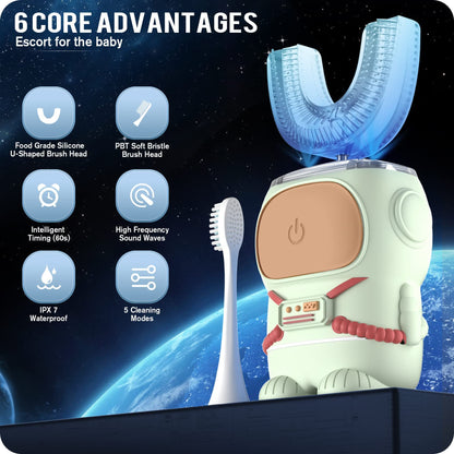 RexCodar Ultrasonic Kid's U-Shaped Electric Toothbrush, IPX7 Waterproof, Five Cleaning Modes, 60S Smart Reminder (Blue Ages 6-12)