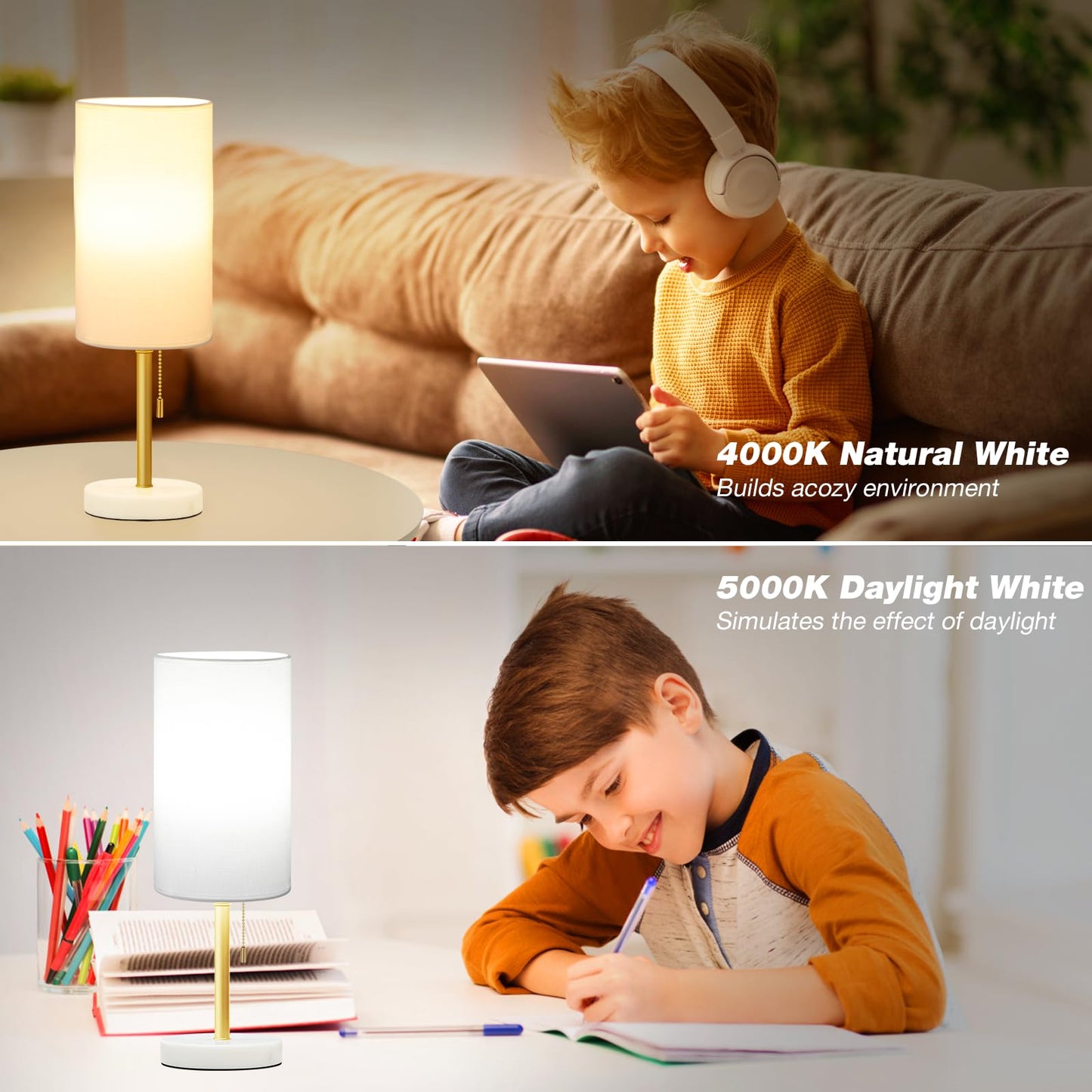 Dicoool Tall Bedside Table lamp for Bedroom - Luxury Marble Base & 3 Color Temperatures Bedside Lamps, Pull Chain Gold Table Lamps, White Nightstand Lamps for Living Room/Guest Room