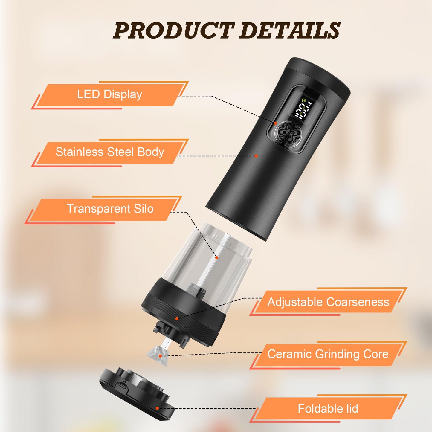 Electric Salt and Pepper Grinder Set, Automatic Refillable Salt and Pepper Shakers 2-Speed Setting with LED Light and 5 Adjustable Coarseness,Practical and Convenient Kitchen Gadgets（Black）