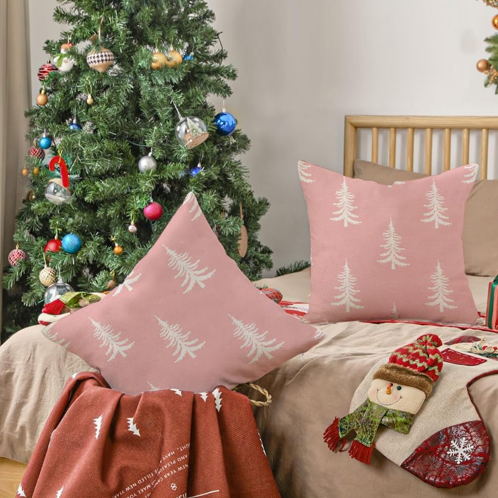 RABUSOFA Christmas Pillow Covers 18x18 inch Set of 2 Indoor Outdoor Waterproof Blush Christmas Decor Tree Decorative Throw Cushion Cases Winter Xmas Holiday Decoration for Couch Patio Pink