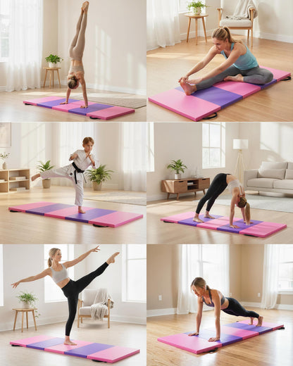 Folding Gymnastics Mat & Exercise Mats&Gymnastics Tumbling Mats-Thick Portable Home Gym Floor Pad for for Pilates, Aerobics, and Martial Arts Fitness Training，Five Pads Folding design