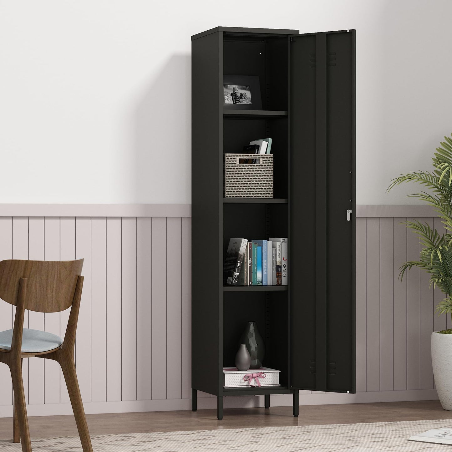 Elitehouse Tall Single Door Metal Locker with Adjustable Shelves, Black Tall Metal Locker Storage Cabinet，Easy Assembly for Living Room （15.8”W x 15”D x 70.9”H ）