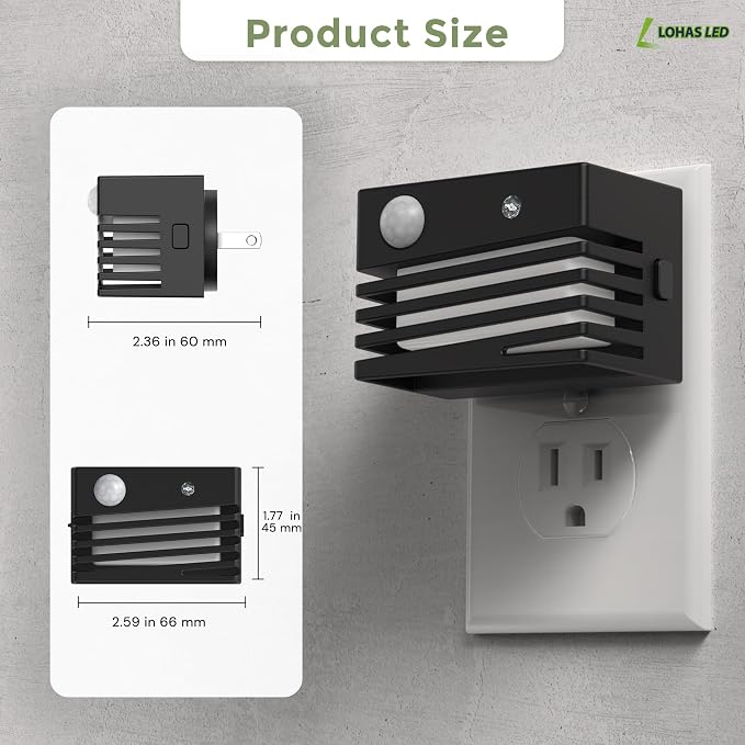 L LOHAS LED Motion Sensor Night Lights, [2 Pack] Dimmable Night Light Plug into Wall with Dusk-to-Dawn Sensor, Adjustable Brightness, 3000K Plug in Nightlight for Bedroom Bathroom Hallway (Black)