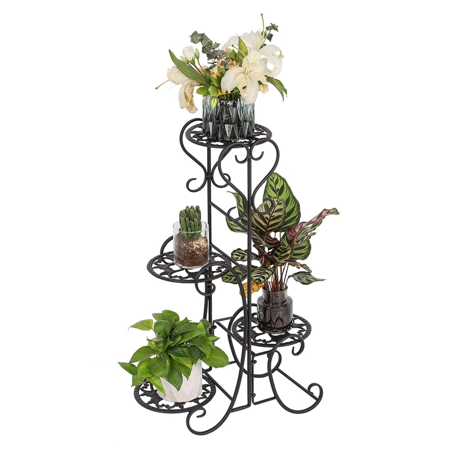 Plant Stand Indoor Outdoor,4 Tier Corner Shelf Shelves Decoration Display Rack - Metal Wrought Iron Multi Flower Planter Potted Holder Organizer for Living Room Balcony Garden Patio, Black
