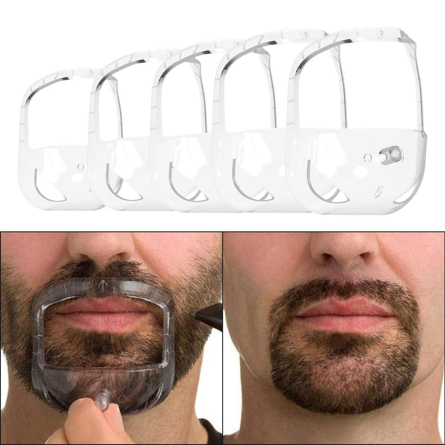Men's Goatee Shaving Template & Beard Guide Shaper, 5 Size Facial Hair Styling Tool with Comb, Mustache Grooming Kit (White)