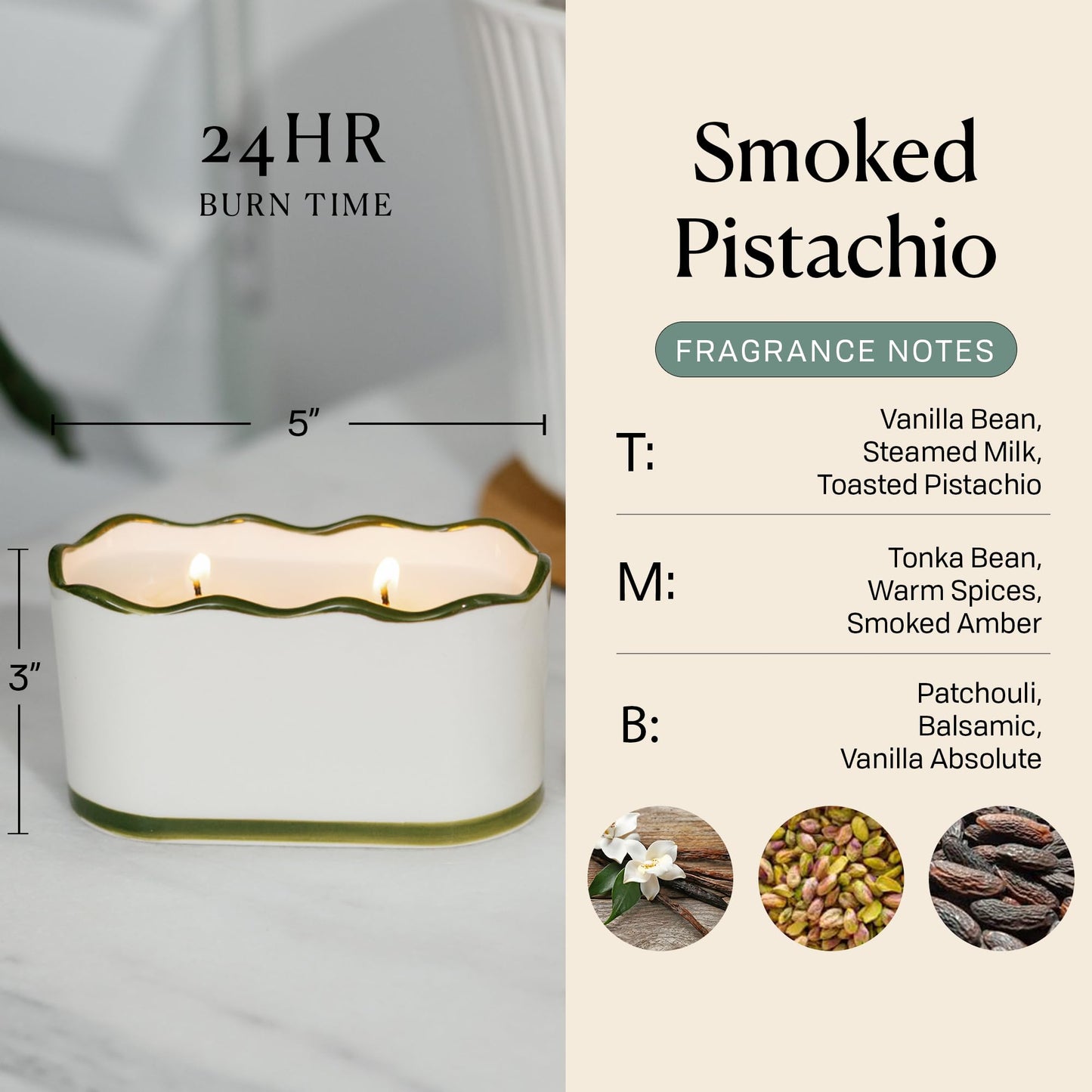 Paddywax CHÉRIE Ceramic Dish Candle, Soy Wax Candle, Poured with Love Ceramic Jar with Scalloped Lid, Reusable Vessel, 5.5 oz, Smoked Pistachio