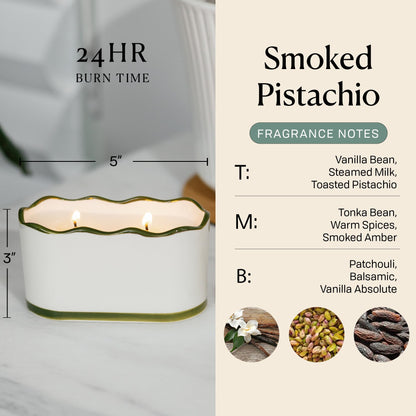 Paddywax CHÉRIE Ceramic Dish Candle, Soy Wax Candle, Poured with Love Ceramic Jar with Scalloped Lid, Reusable Vessel, 5.5 oz, Smoked Pistachio