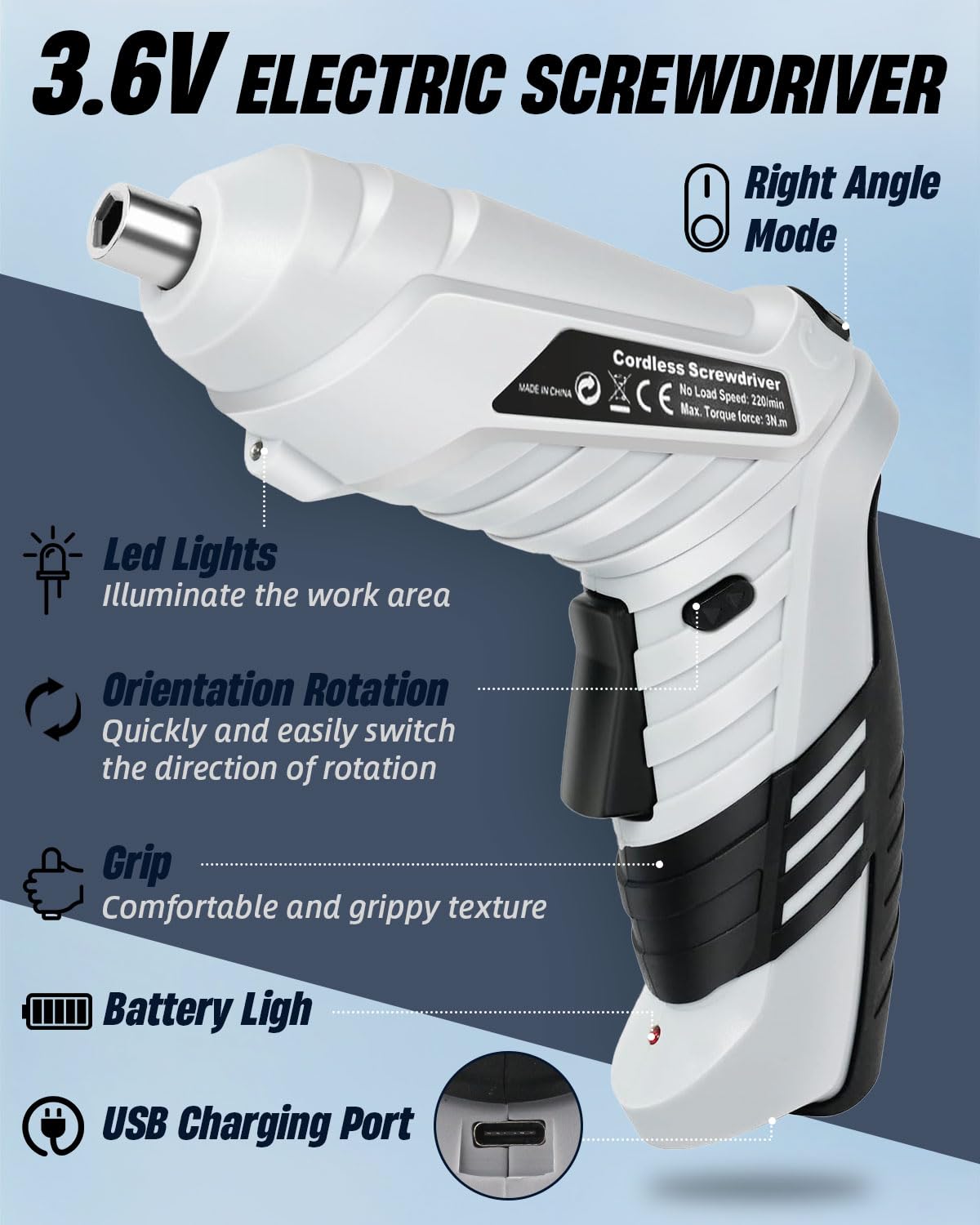 KALAHOL 49 Piece Electric Screwdrivers Cordless, 1300mAh Cordless Screwdriver Rechargeable, 3.6V Rotatable 90 Degrees Electric Screwdriver Set for Home DIY, White
