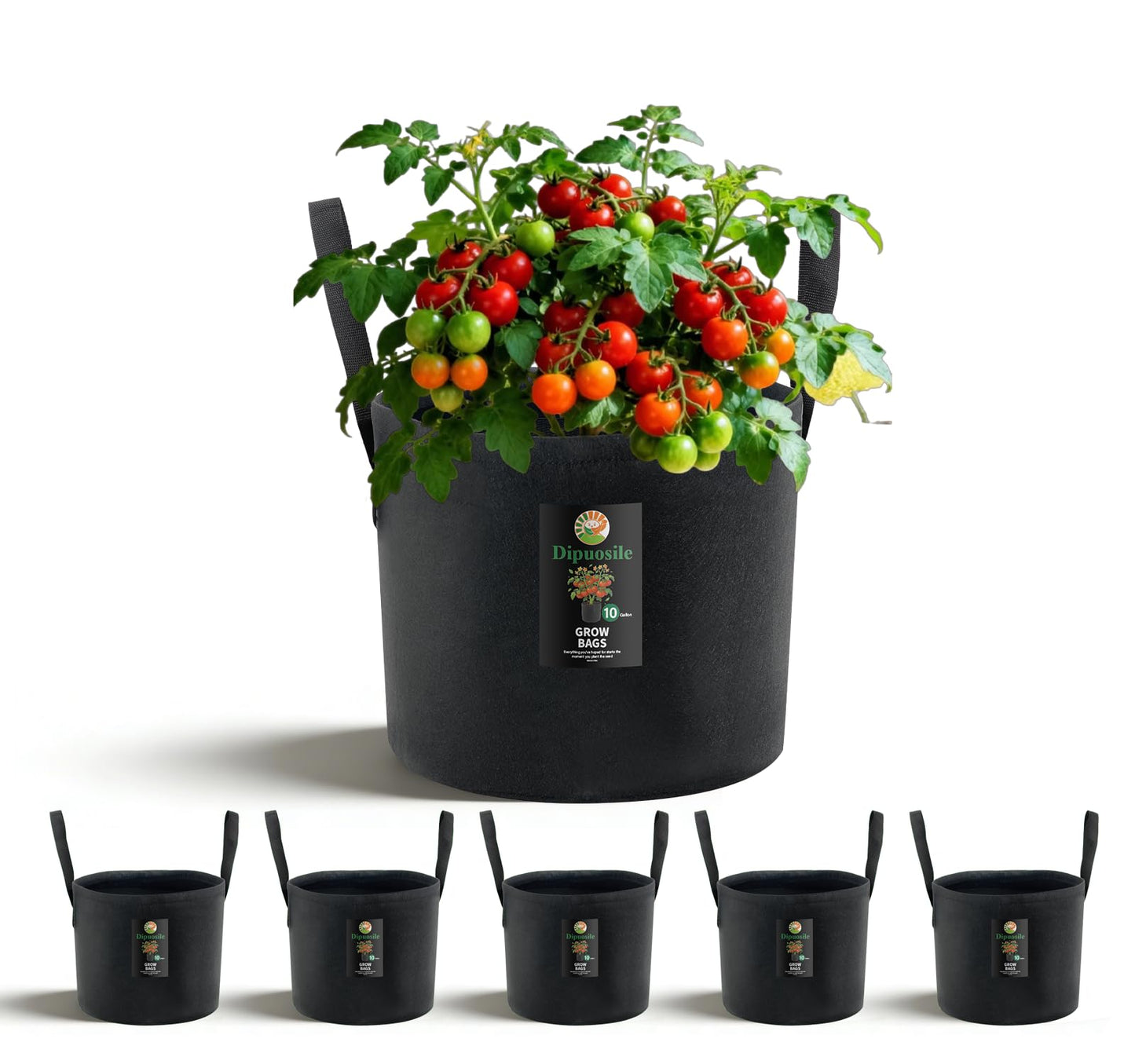 Dipuosile 6-Pack 10 Gallon Grow Bags Extra-Long Handles, Heavy Duty 300G Thickened Nonwoven, Fabric Growing Bags for Tomato, Potato,Vegetables, and Flowers