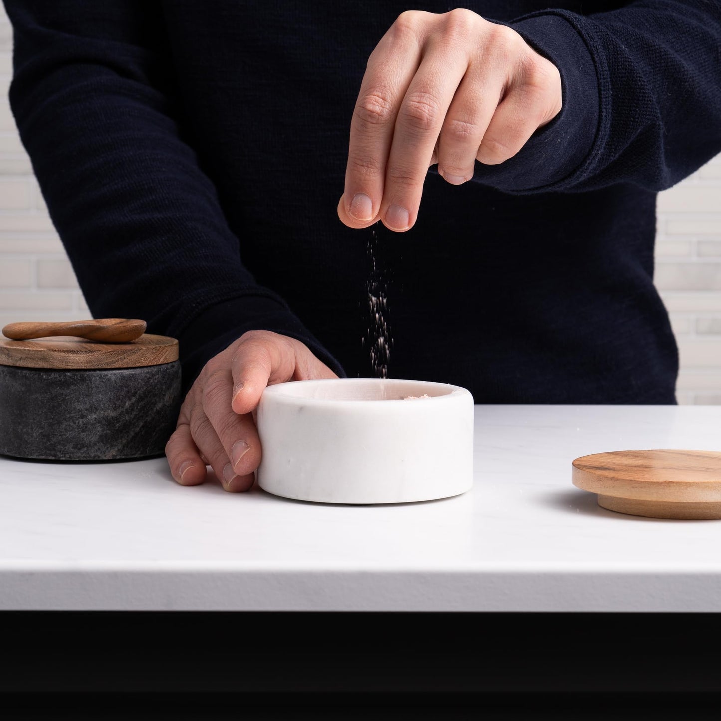 Cork & Mill Marble Salt and Pepper Bowls - Set of 2 Handcrafted White/Grey Solid Marble Salt and Pepper Cellars with Lids and Spoons - Elegant Containers for Countertop or Table