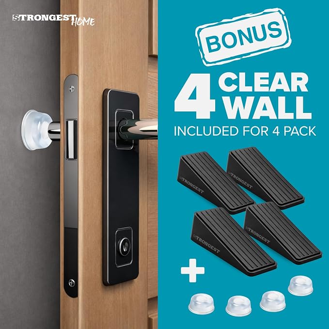 STRONGEST HOME Stoppers for Bottom of Door – Heavy Duty Metal Rubber Door Stopper, Non-Slip Door Stop for Heavy Doors, Works on Wood, Tile & Carpet Floors Wedge Black 4 PCs + 4 White Wall Protectors