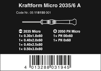 Wera 2035/6 A Kraftform Micro Screwdriver Set, for electronic applications, PH/SL, 6 Piece, 05118150001