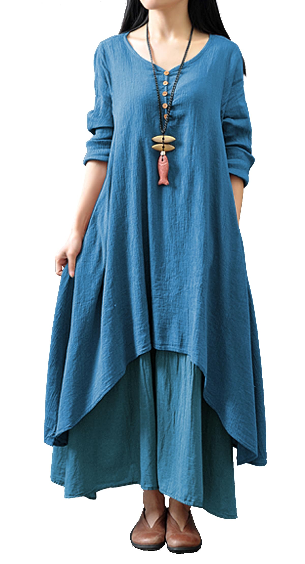 R.Vivimos Women Long Sleeve Cotton Casual Loose Plus Size Irregular Long Dresses