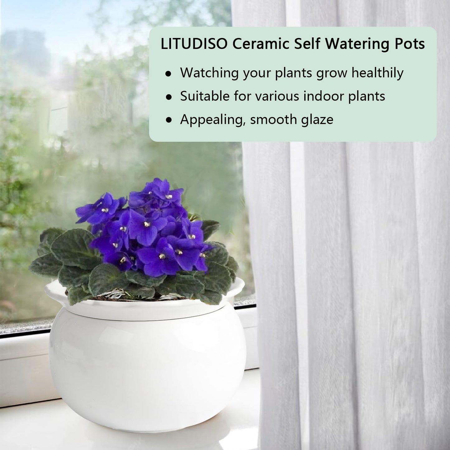 LITUDISO African Violet Pots, 6 Inch Self Watering Pots for Indoor Plants, Self Watering Plant Pot, Easy Plant Self Watering Pot, Ceramic Plant Pot with Absorbent Inner Pot for Flowers-White