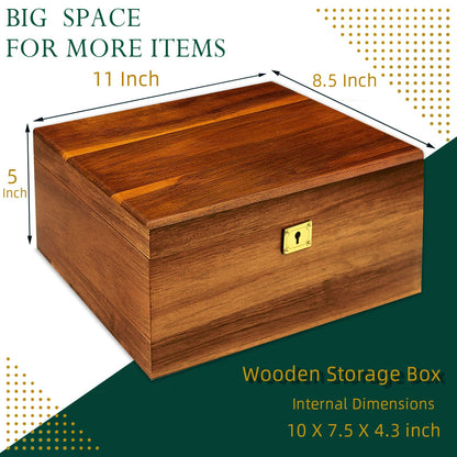 MFLUEEWR Wooden Storage Box with Hinged Lid and Locking Key Large Premium Solid Acacia Keepsake Chest Box -Storage Space to Organize Jewelry, Toys, and Keepsakes in a Beautiful Wooden Decorative Box