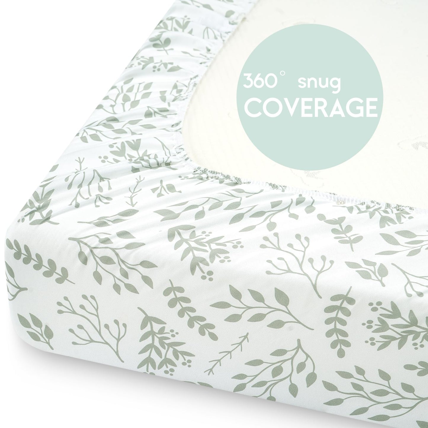 Yoofoss Pack and Play Sheets Fitted, Mini Crib Sheets 2-Pack for Pack N Play Mattress, Stretchy Playard Sheet, Soft and Breathable Green + Leaf