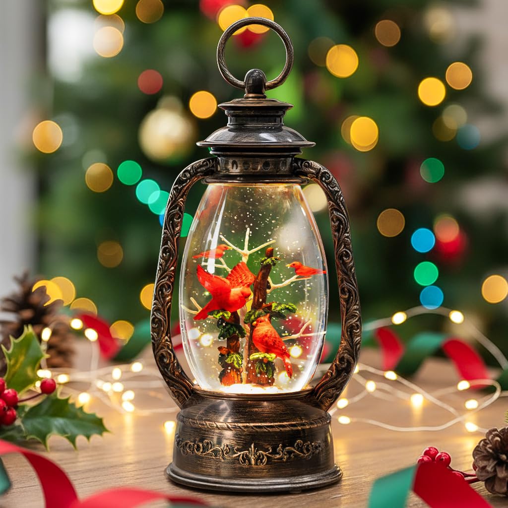12" Christmas Snow Globe Lantern, Red Bird Music Box, Spinning Snowflake Glitter Water Lamp, USB and Battery Powered Christmas Decoration
