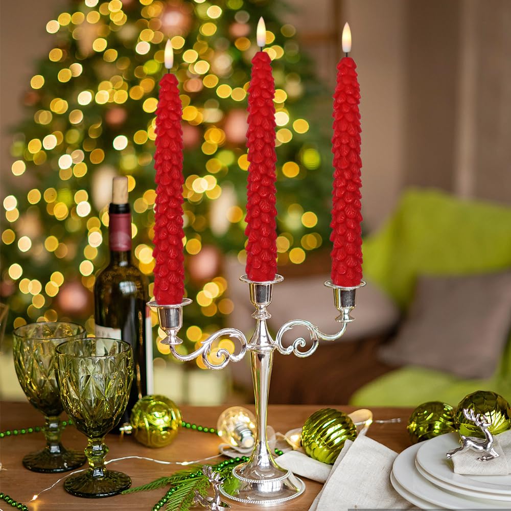 KunSwenn Christmas Tree Candles, 4 Pack Christmas Taper Candles with Remote Timer, Red LED Flameless Taper Christmas Candle Battery Operated for Holiday Xmas Decor(0.78” x 9.64”)
