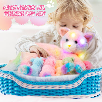 Skylety Nurturing Cat Stuffed Animal with 4 Plush Kittens, Cat Baby Stuffed for Girls Boys Plushy Mommy Kitty with Baby Kittens for Christmas Birthday Party Favors Gifts(LED Style)