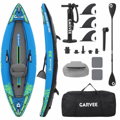 GarveeLife Inflatable Kayak for Adults - 400 LBS Capacity 1-2 Person Blow Up Boat with Paddle, Seat, Pedal, Hand Pump & Storage Bag, Blue/Sky Blue