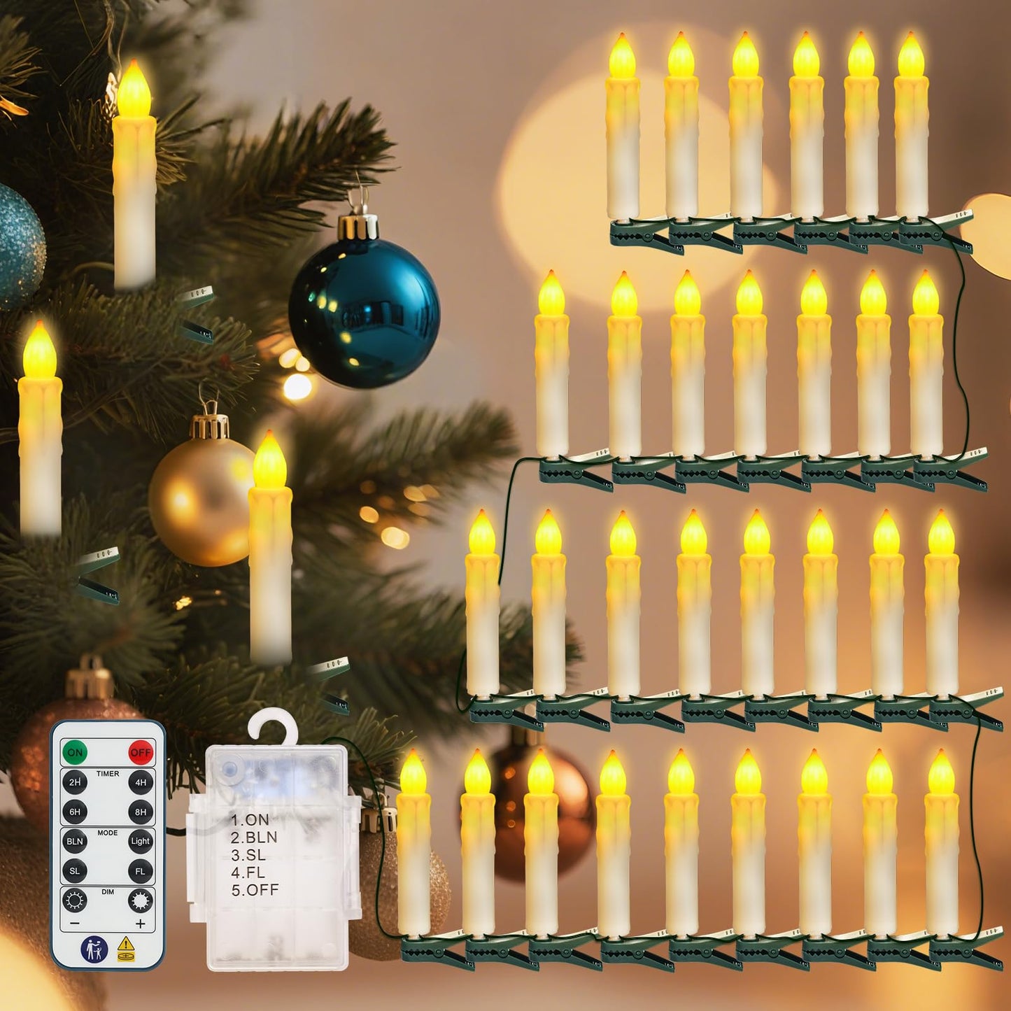 PChero Christmas Tree Candle String Lights with Remote Timer, 30Ft 30 LED Battery Operated Clip on Candles Lights, Waterproof Flickering Flameless Candle String Lights for Home Wedding Party Decor