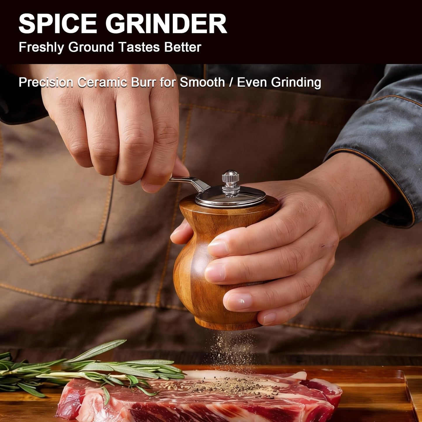 Pepper Grinder with Crank Handle, Adjustable Refillable Spice Mill